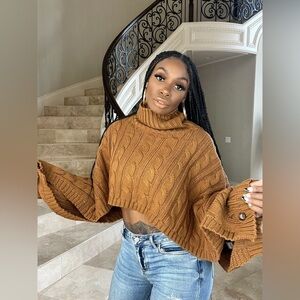 Mustard Yellow Brown Cable Knit Turtleneck Cropped  Shrug Sweater NEW MD 🧡
